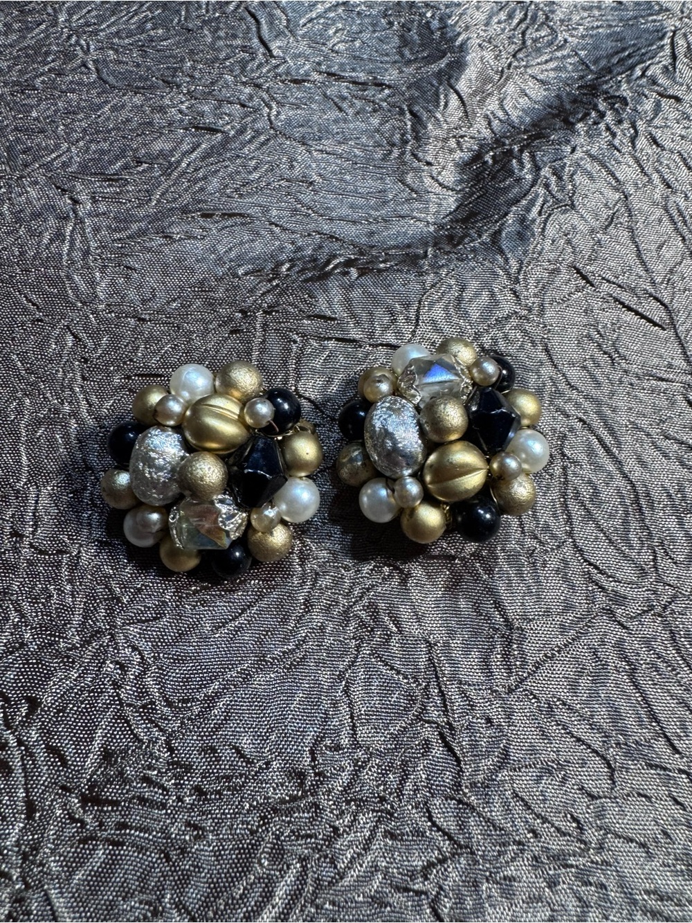 Cluster Pearl and Bead Clip-On Earrings in Gold, Black & Pearl